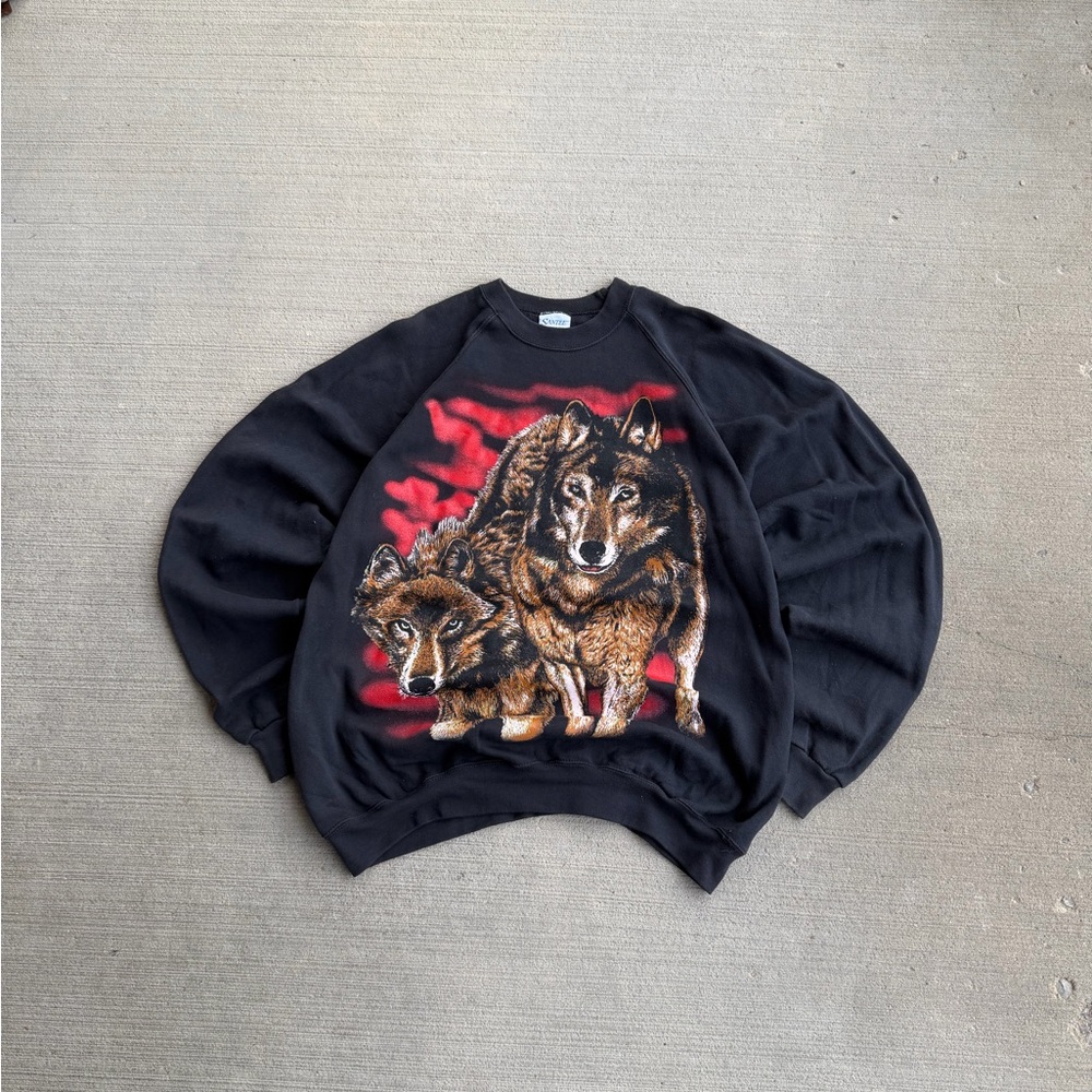 Vintage 90s Wolf Nature Crewneck Sweatshirt Wildlife Big Graphic Santee USA 2XL